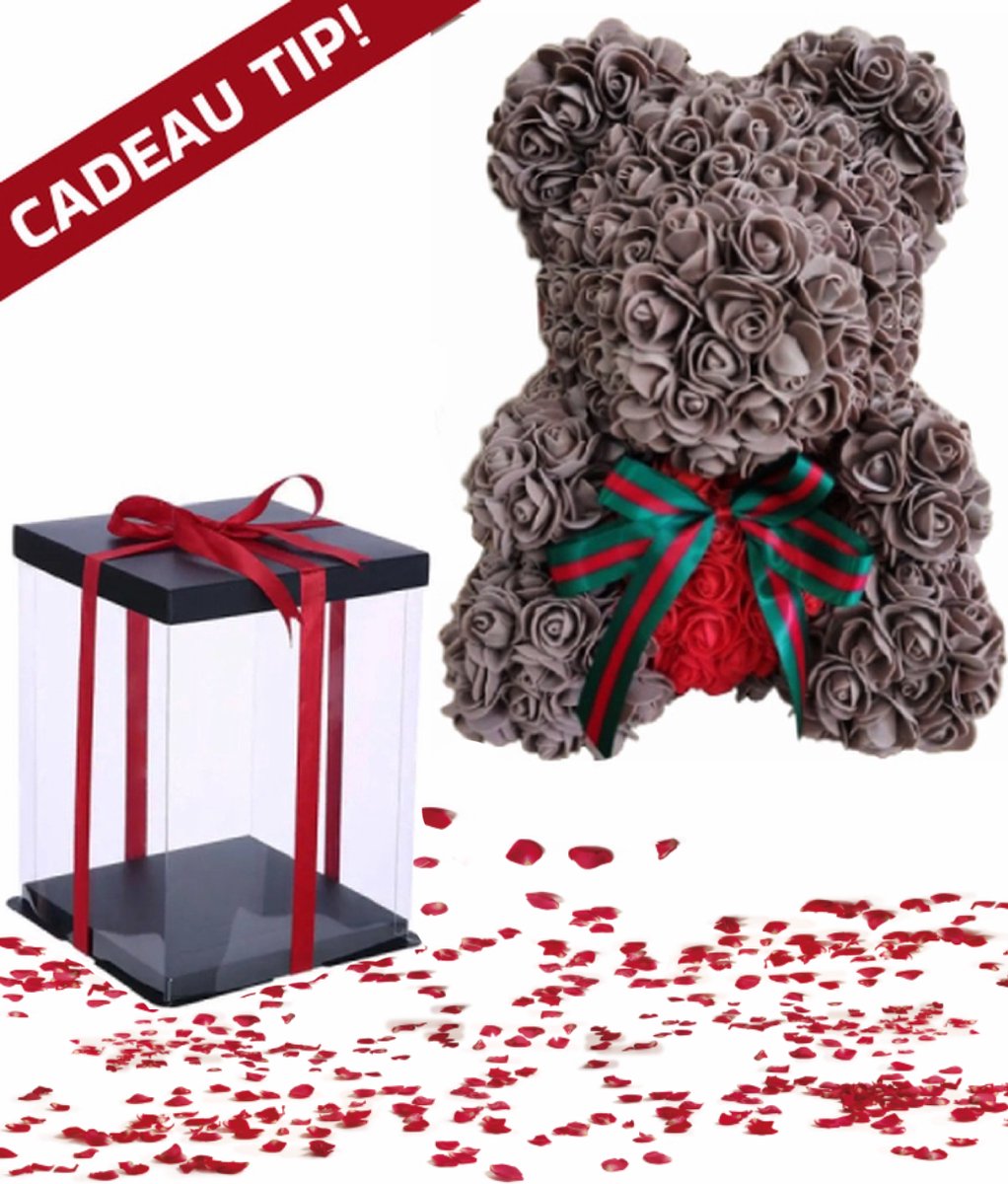 Luxe Bruine Rozenbeer met Rood Hart en Strik + Luxe Gift Box 40 cm {Luxury Rose Bear Gift - Rozen Beer Liefde Teddybeer - I Love You knuffelbeer - Cadeau Rozen Teddy}